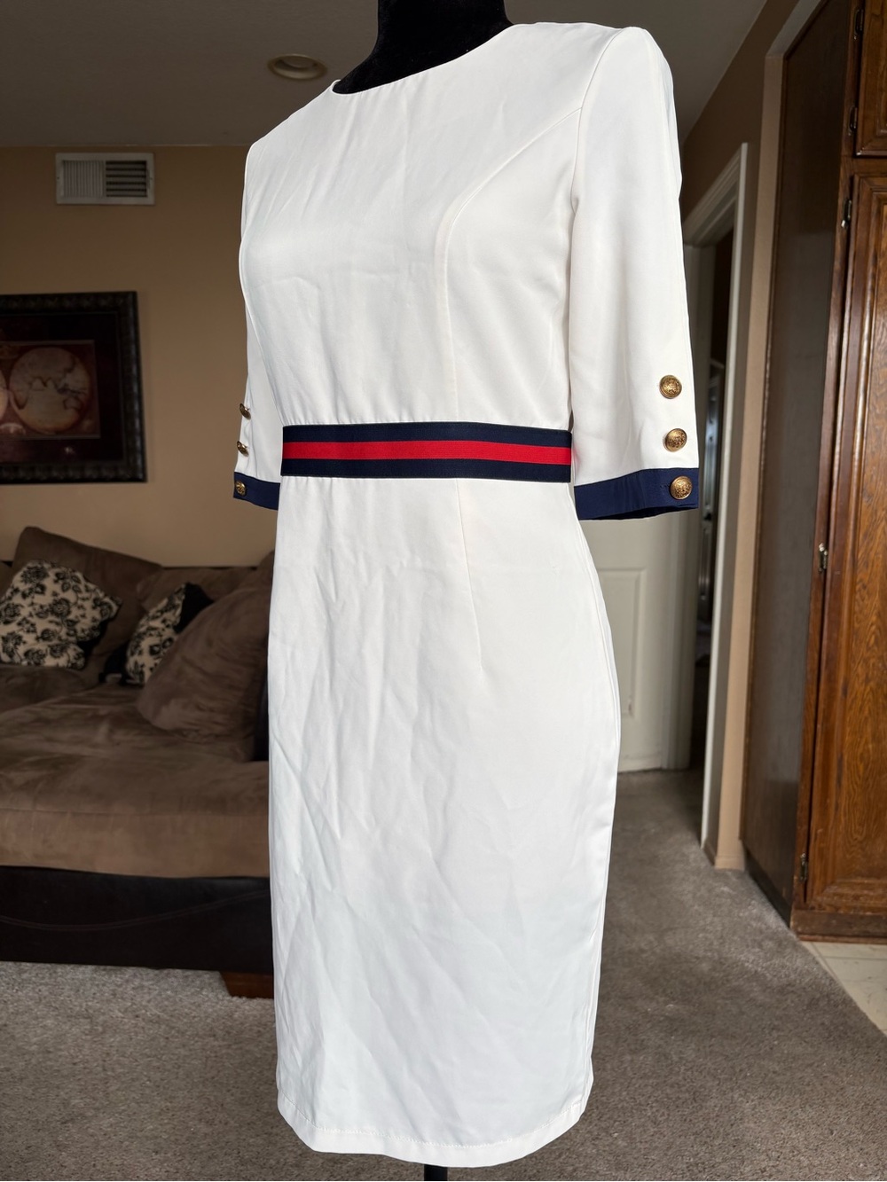 Classic White Midi Sheath Dress with Navy & Red Waistband